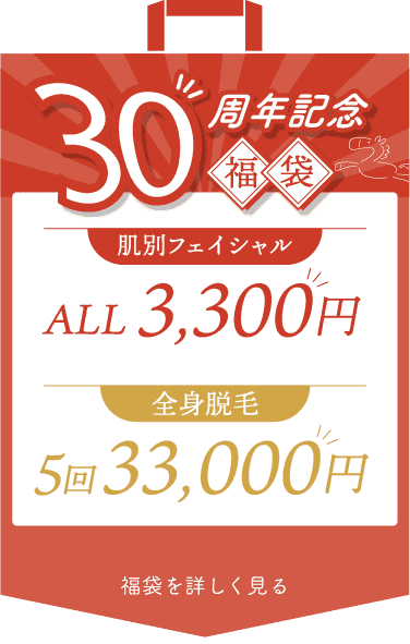 30周年福袋概要/肌別フェイシャル￥3300/全身脱毛５回￥33000