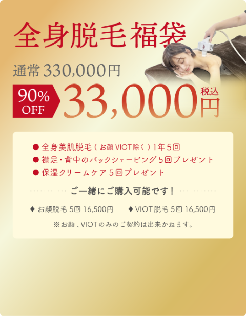 全身脱毛詳細/全身美肌脱毛1年5回・襟足背中のシェービング5回・保湿ケア５回￥33000
